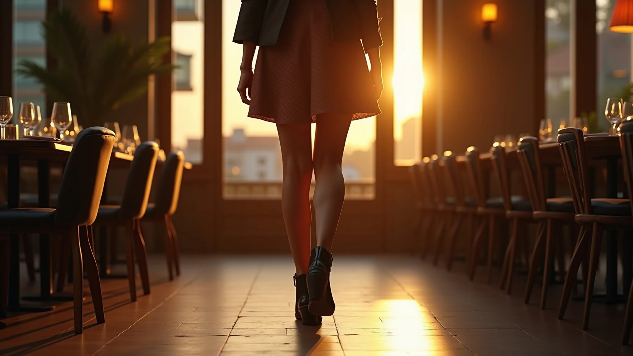 Mulher com bota Chelsea de salto, vestido e blazer entrando em restaurante no Rio.