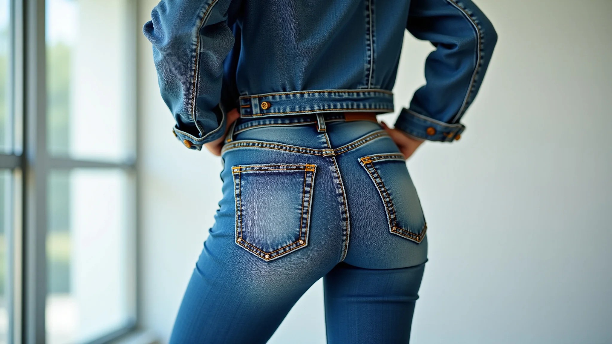 Mulher com jeans de bolsos detalhados e jaqueta jeans em estúdio.