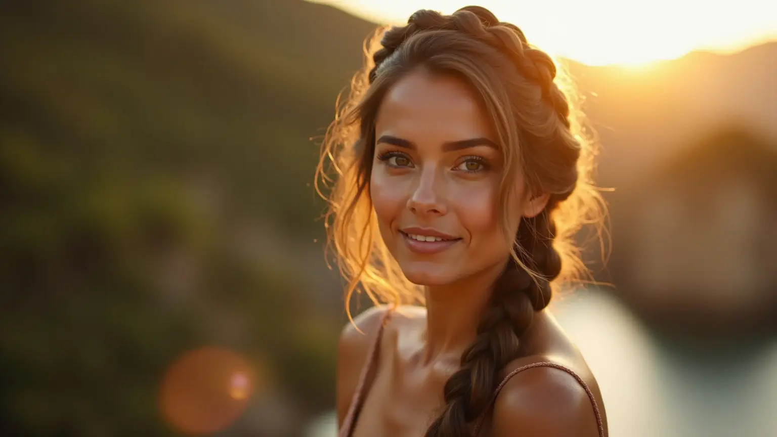 Mulher com tiara de trança, luz dourada suave, estilo sofisticado brasileiro.