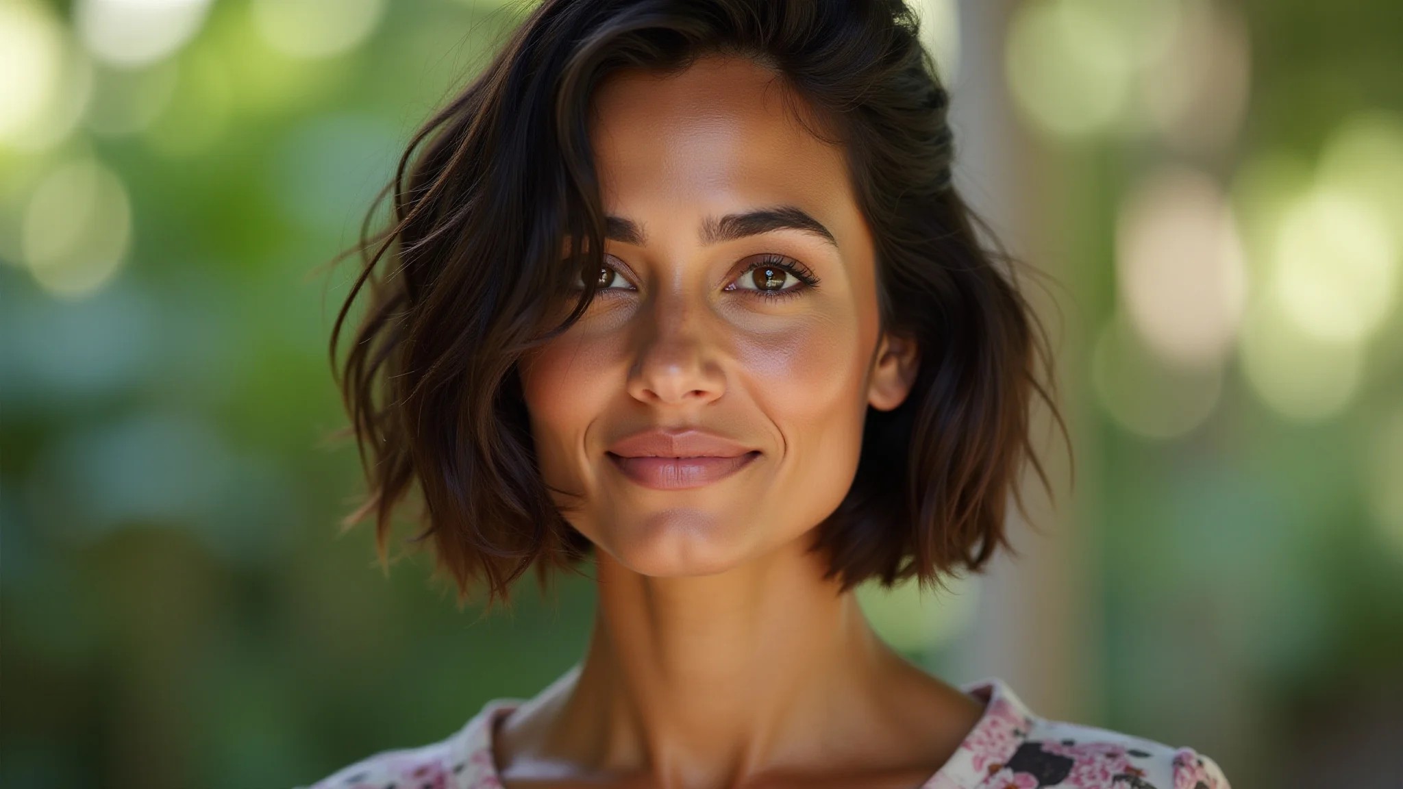 Mulher com corte bob assimétrico em estilo Farm Rio.