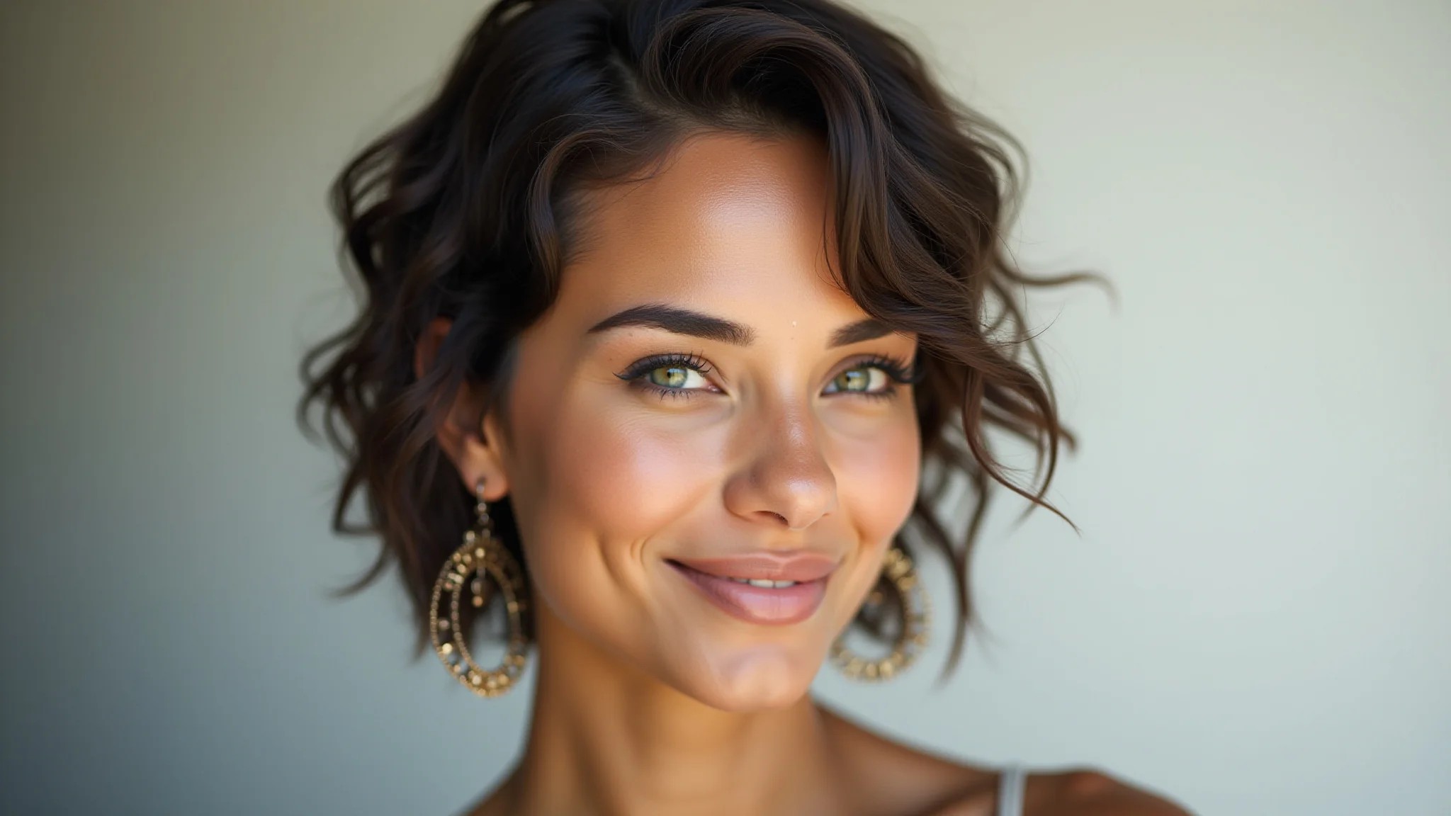 Mulher com undercut lateral em cabelo curto e ondulado, visual ousado e moderno.