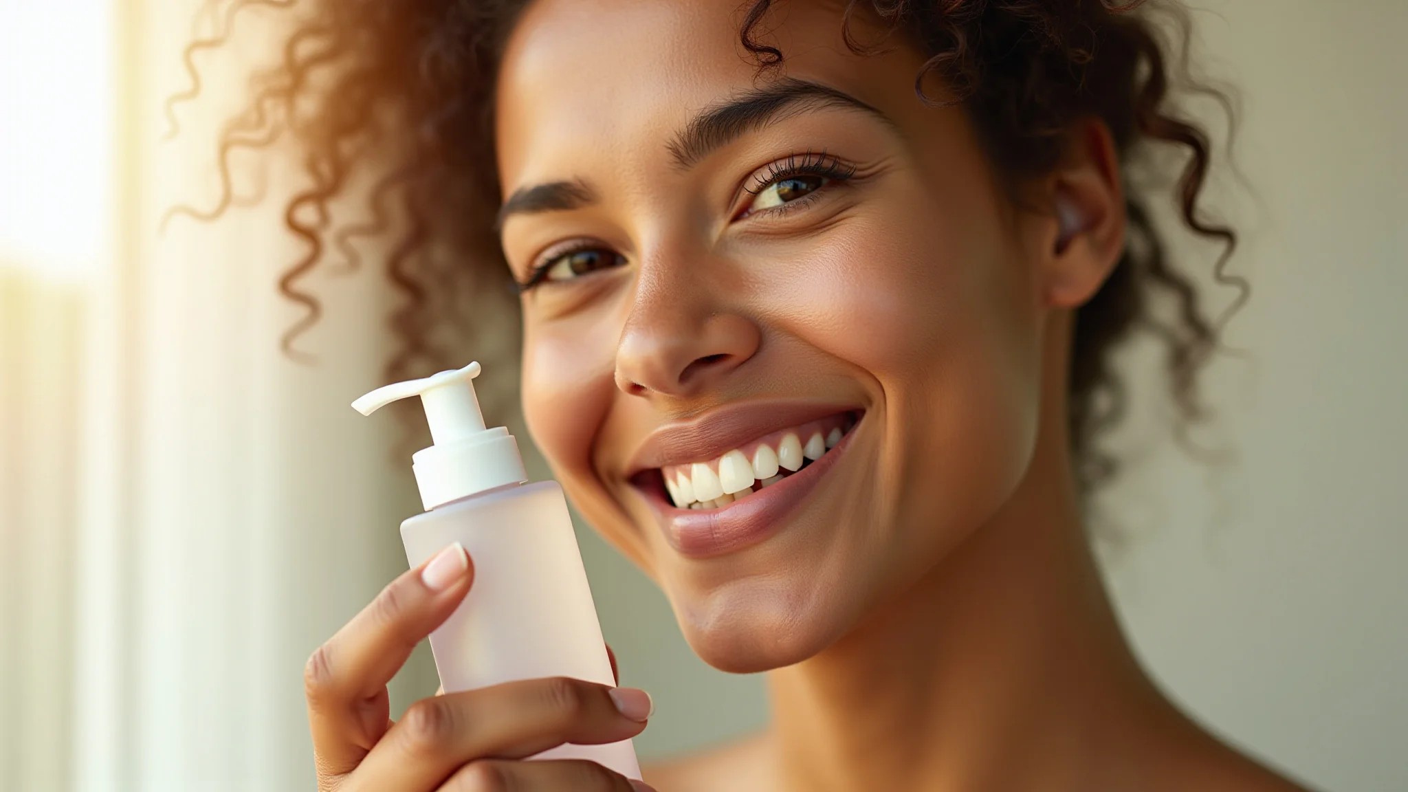 Mulher com pele oleosa segurando tônico facial.