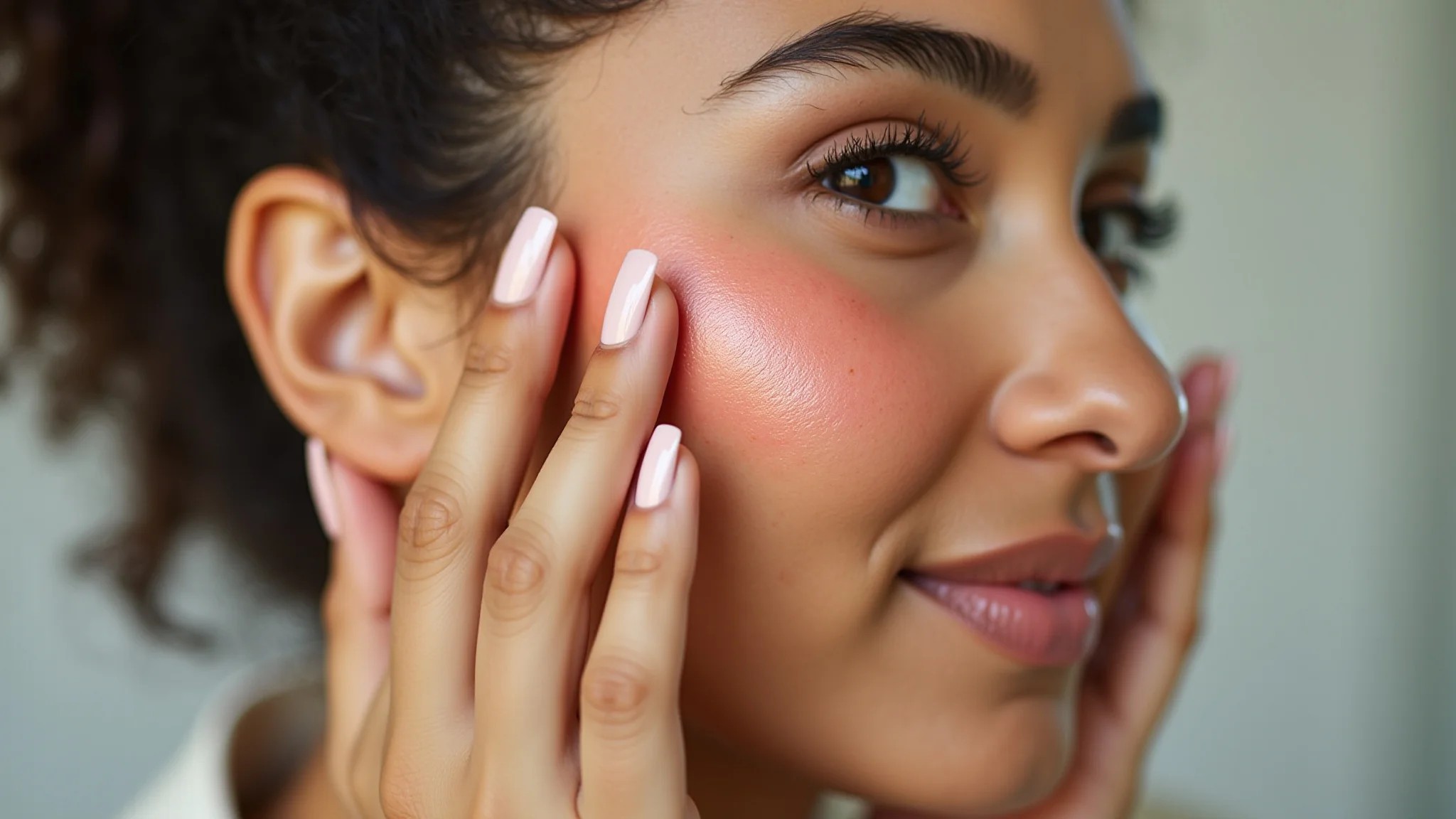 Mulher com pele oliva aplicando blush pêssego, iluminação natural, pele saudável e radiante.