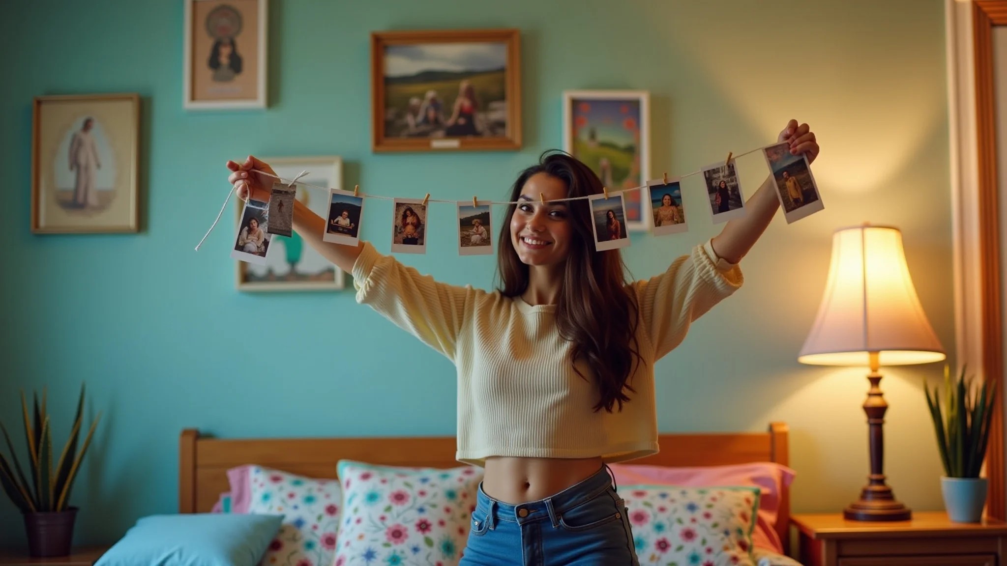 Jovem pendurando fotos polaroid em varal no quarto, estilo Farm Rio.