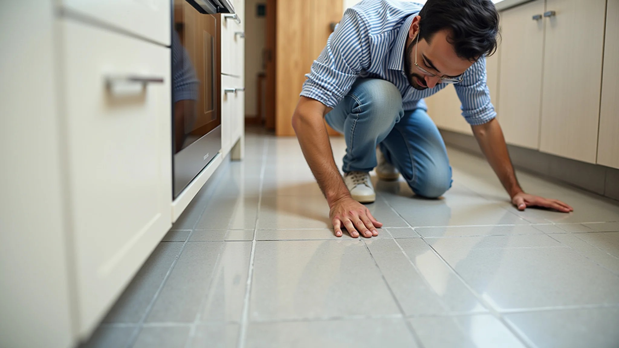 Arquiteto inspecionando azulejos de cozinha em busca de imperfeições durante vistoria.