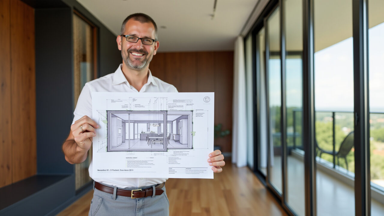 Arquiteto apresenta plano de reforma detalhado para apartamento.