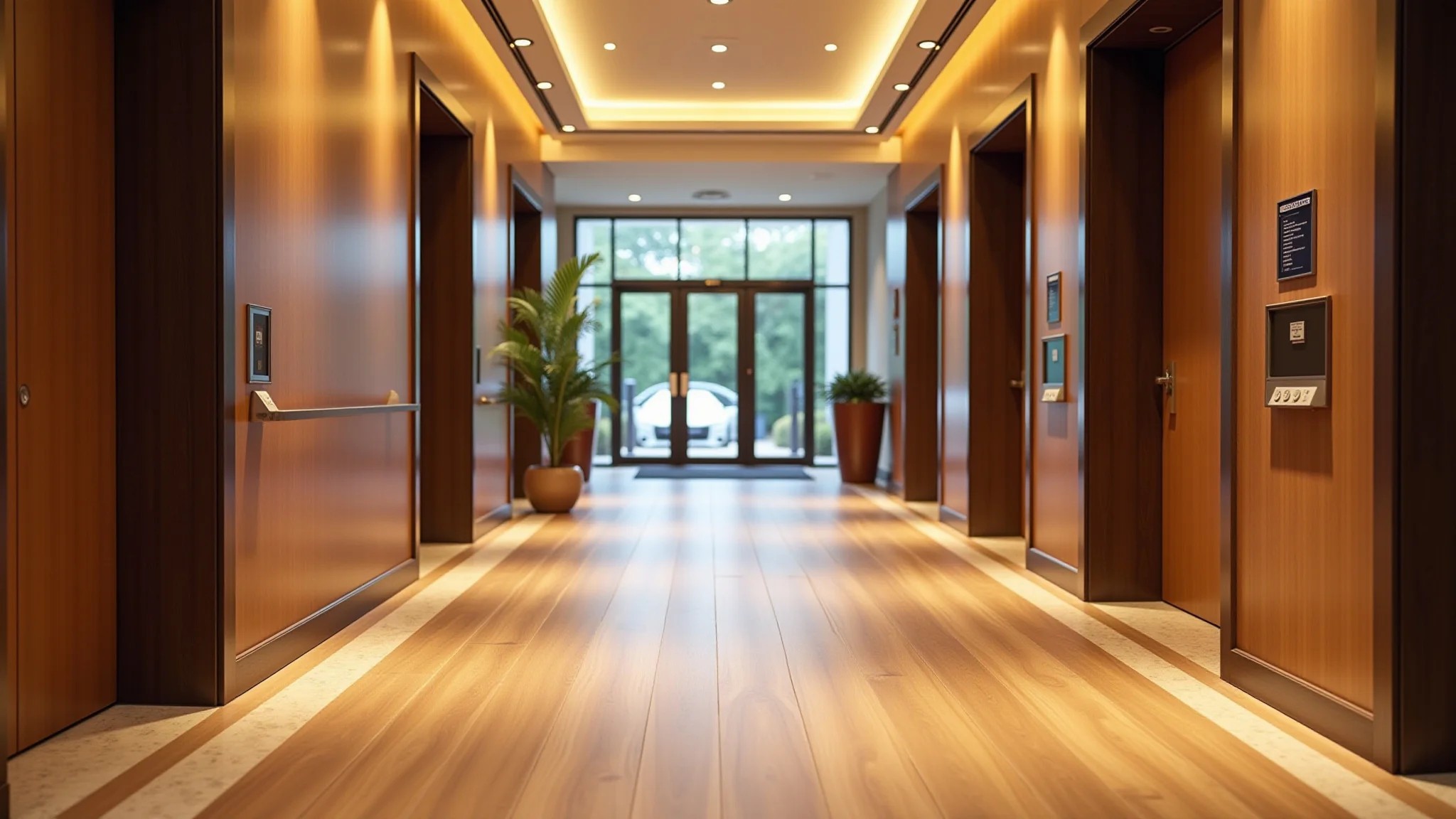 Hall de elevador com piso laminado em tons quentes, criando atmosfera aconchegante e convidativa.