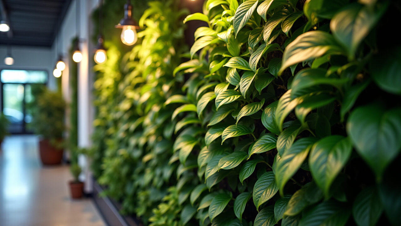 Jardim vertical interno com iluminação artificial em estilo brasileiro.