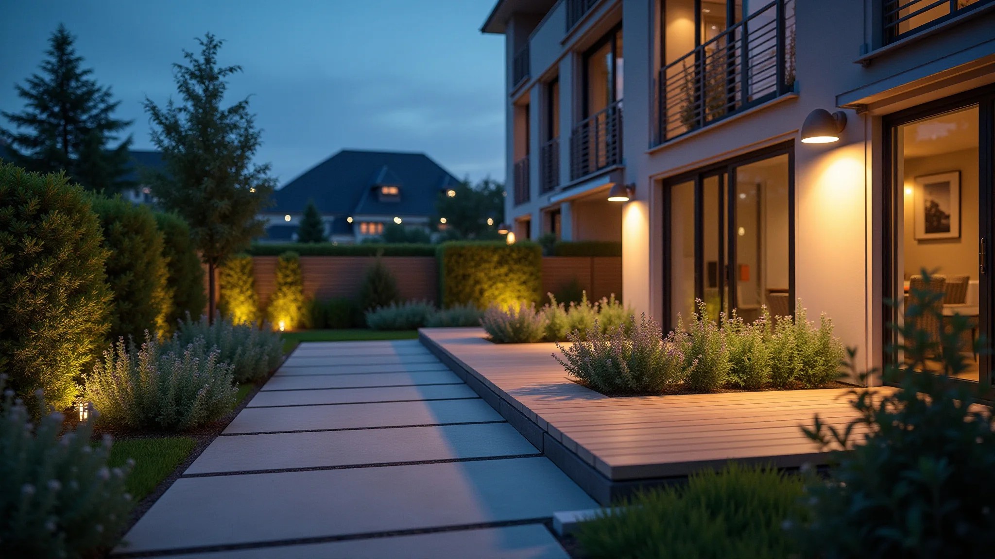 Área externa com iluminação de jardim e instalação de interruptor bipolar para proteção contra umidade.