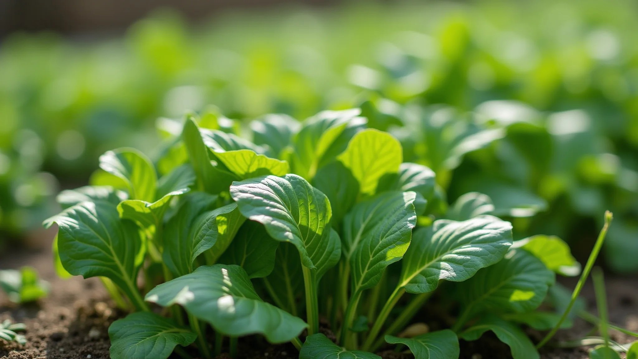 Rúcula crescendo em uma horta, verde vibrante, luz natural.