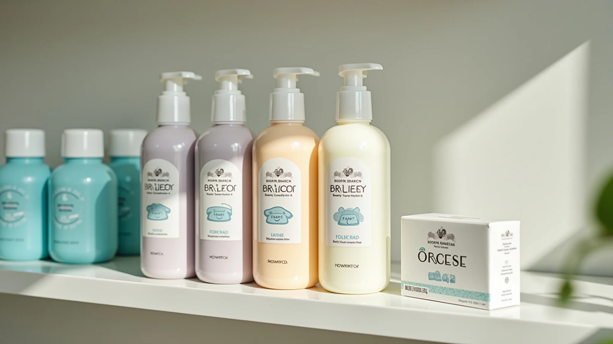 Produtos de higiene para bebê (shampoo, sabonete, loção) organizados em uma prateleira.