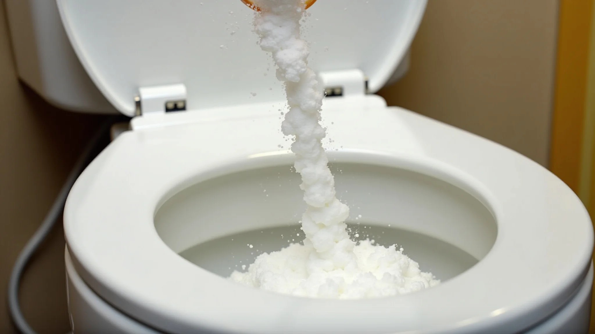 Bicarbonato de sódio e vinagre sendo usados para desentupir o vaso.