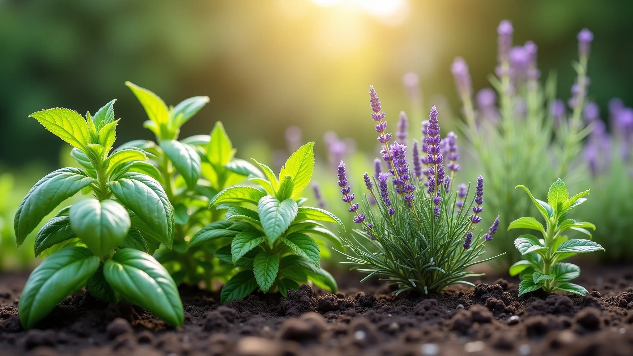 Plantas repelentes de formigas como manjericão, hortelã e alecrim em uma horta.
