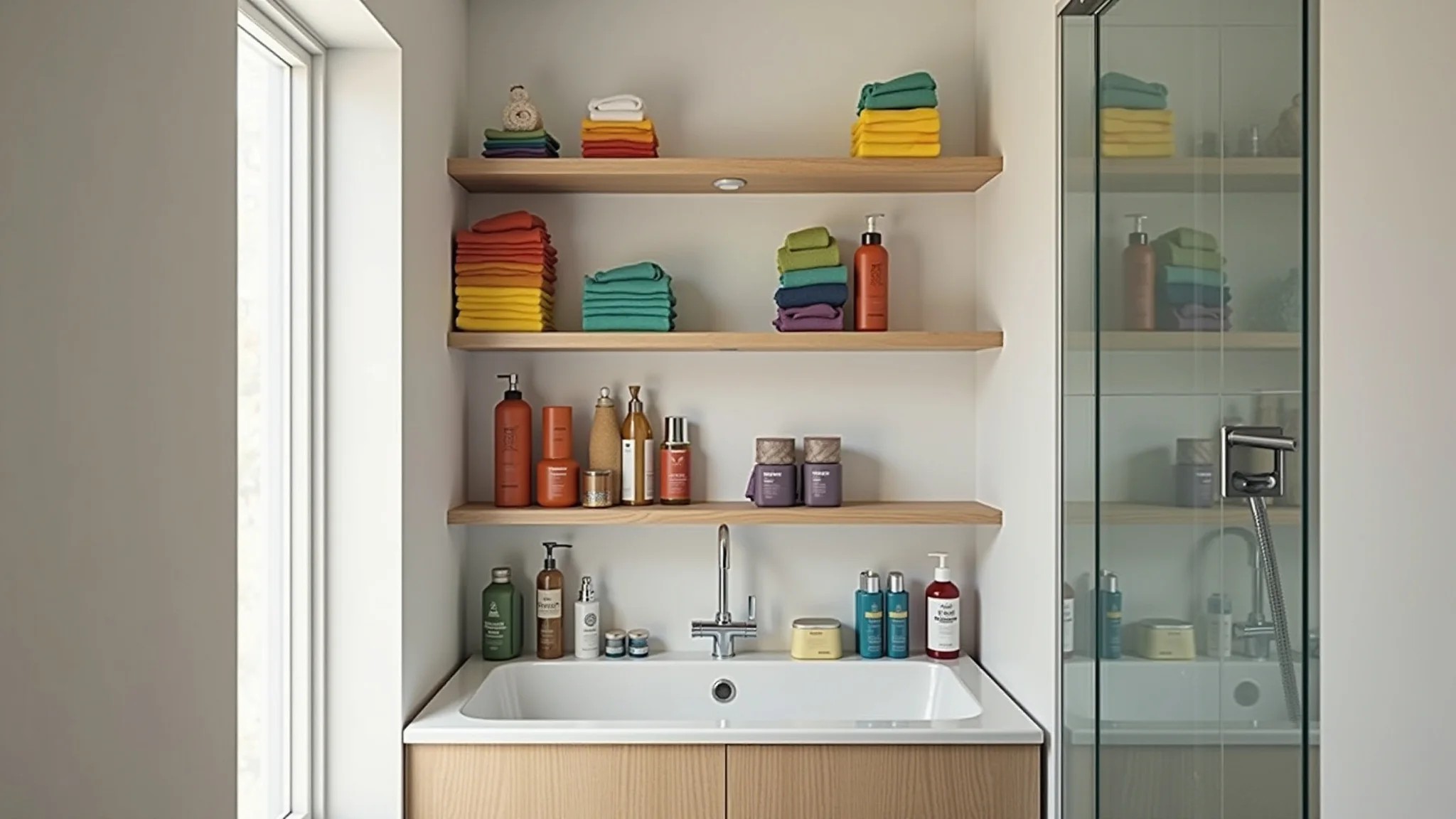 Prateleiras de banheiro com produtos organizados em caixas coloridas.