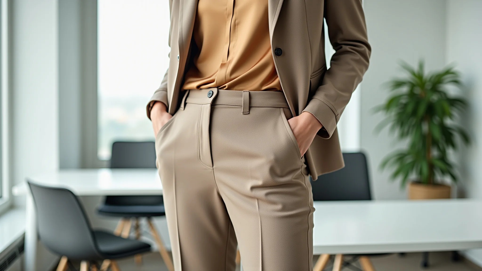 Calça de alfaiataria bege combinada com blusa de seda e blazer em um escritório moderno e bem iluminado.