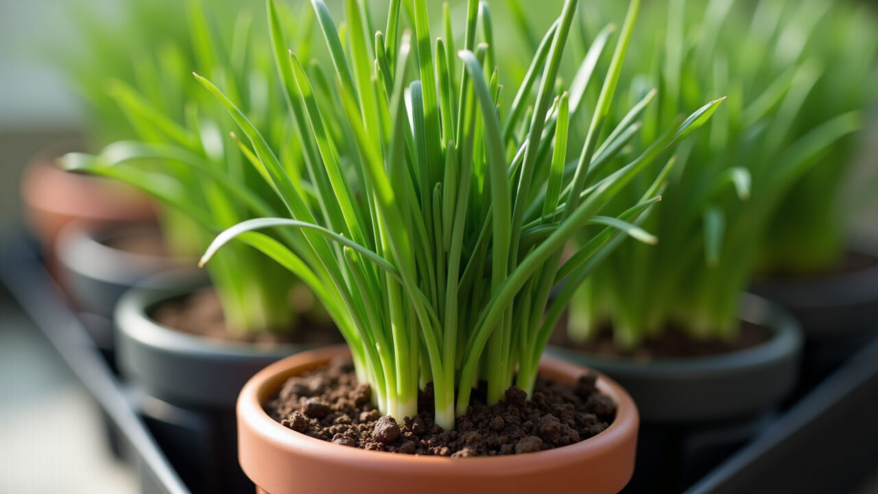 Cebolinha plantada em vaso com solo orgânico.