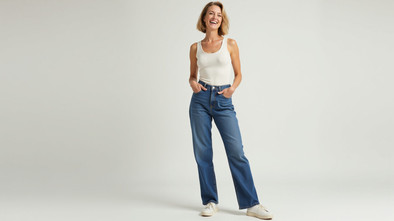 Calça jeans reta clássica em mulher de meia-idade, estilo atemporal.