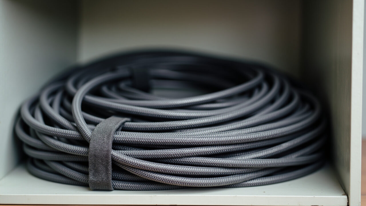Fios excedentes enrolados e presos com velcro em caixa de distribuição.