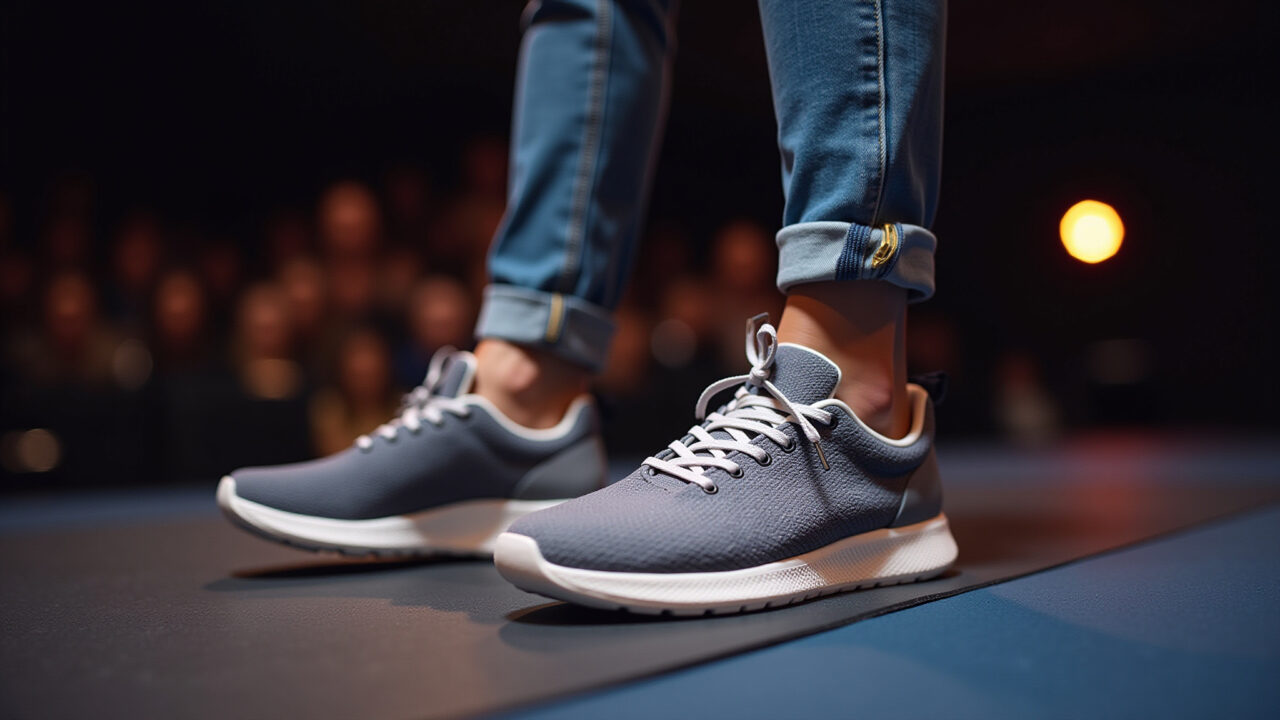 Sapatos confortáveis (tênis, sapatilhas) em show de stand-up comedy.