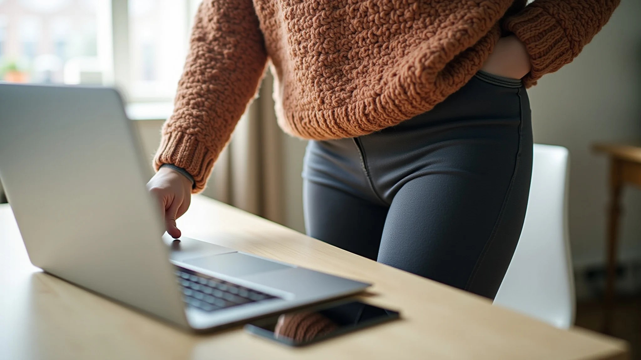 Look confortável para home office: blusão largo, legging, meias aconchegantes.
