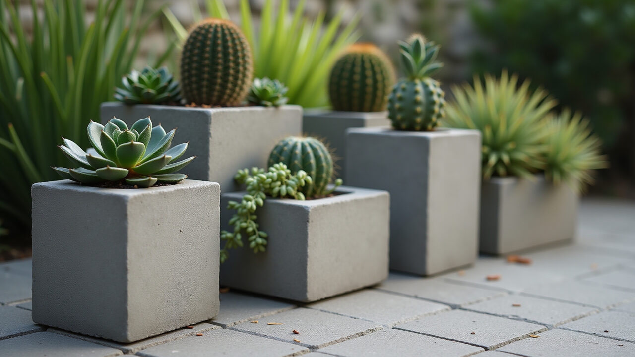 Blocos de concreto usados como vasos para plantas.