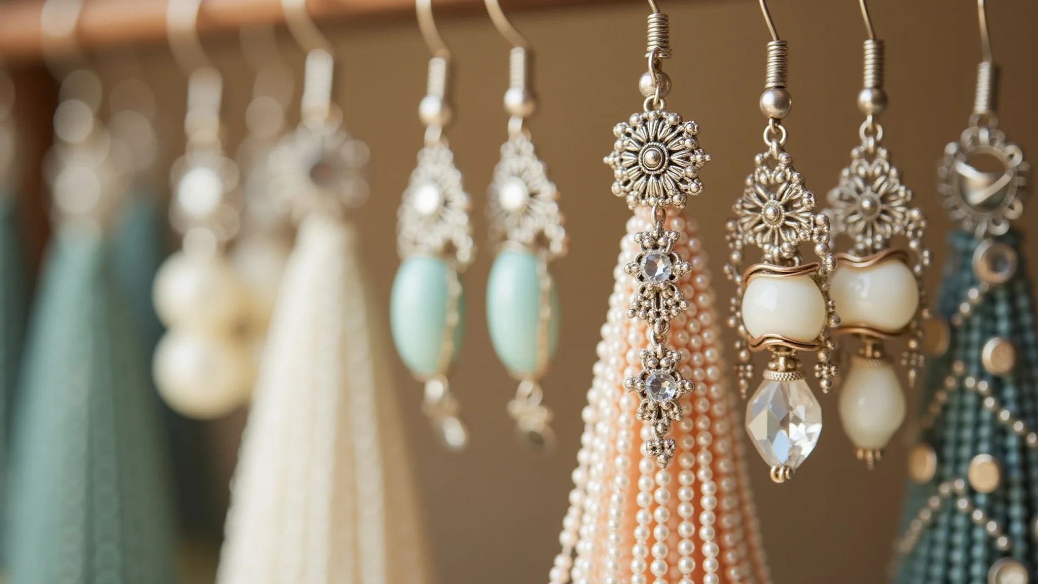 Brincos delicados de miçangas em cores neutras com strass, em uma vitrine elegante.