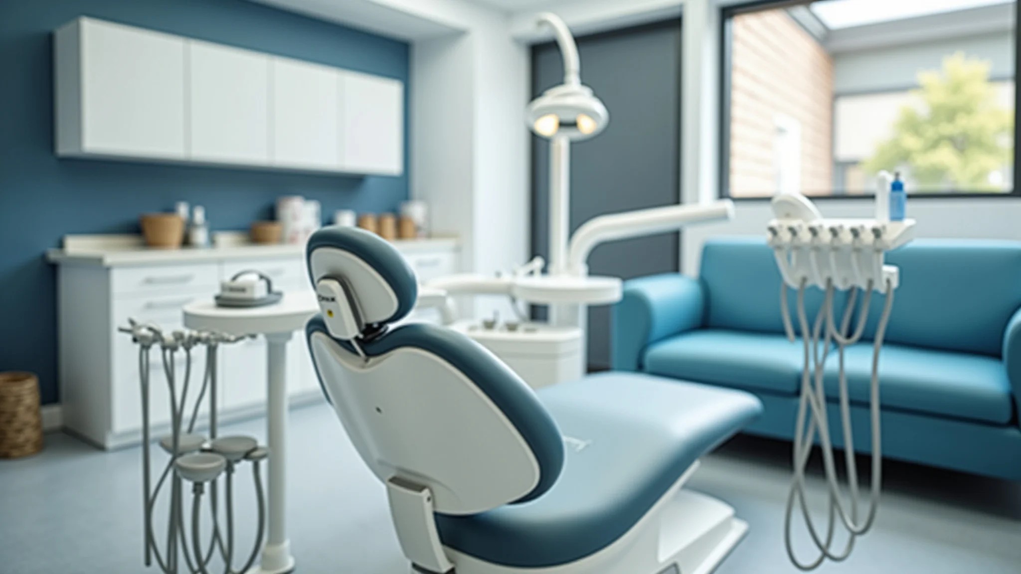 Cadeira odontológica moderna com design clean e superfícies fáceis de limpar.