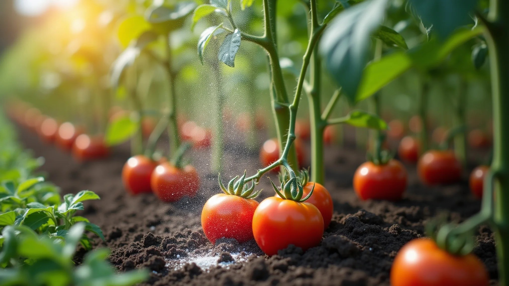 Aplicação de diatomita na base de plantas de tomate para controle de pragas.