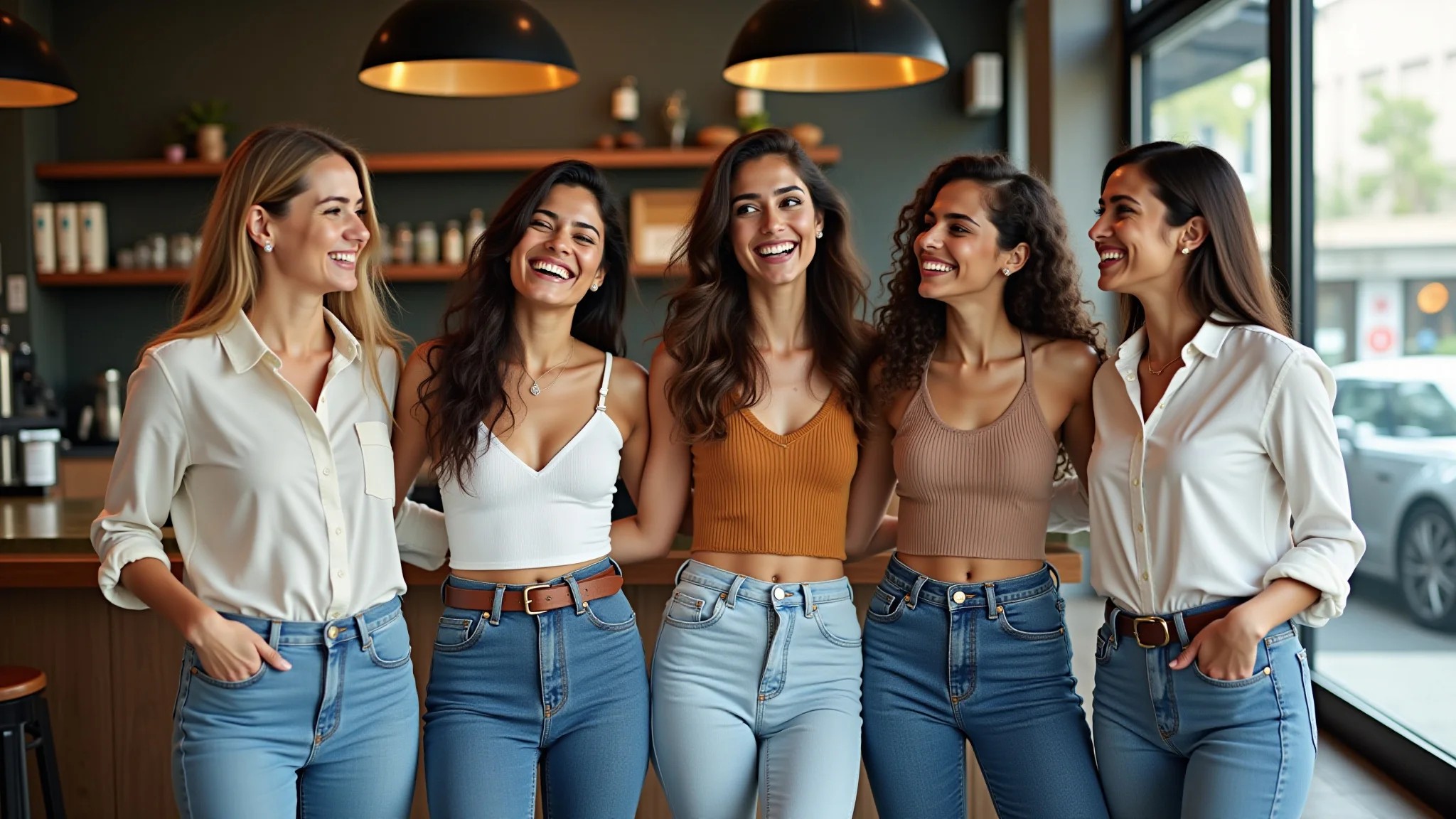 Mulheres brasileiras diversas com diferentes estilos de mom jeans rindo em café.