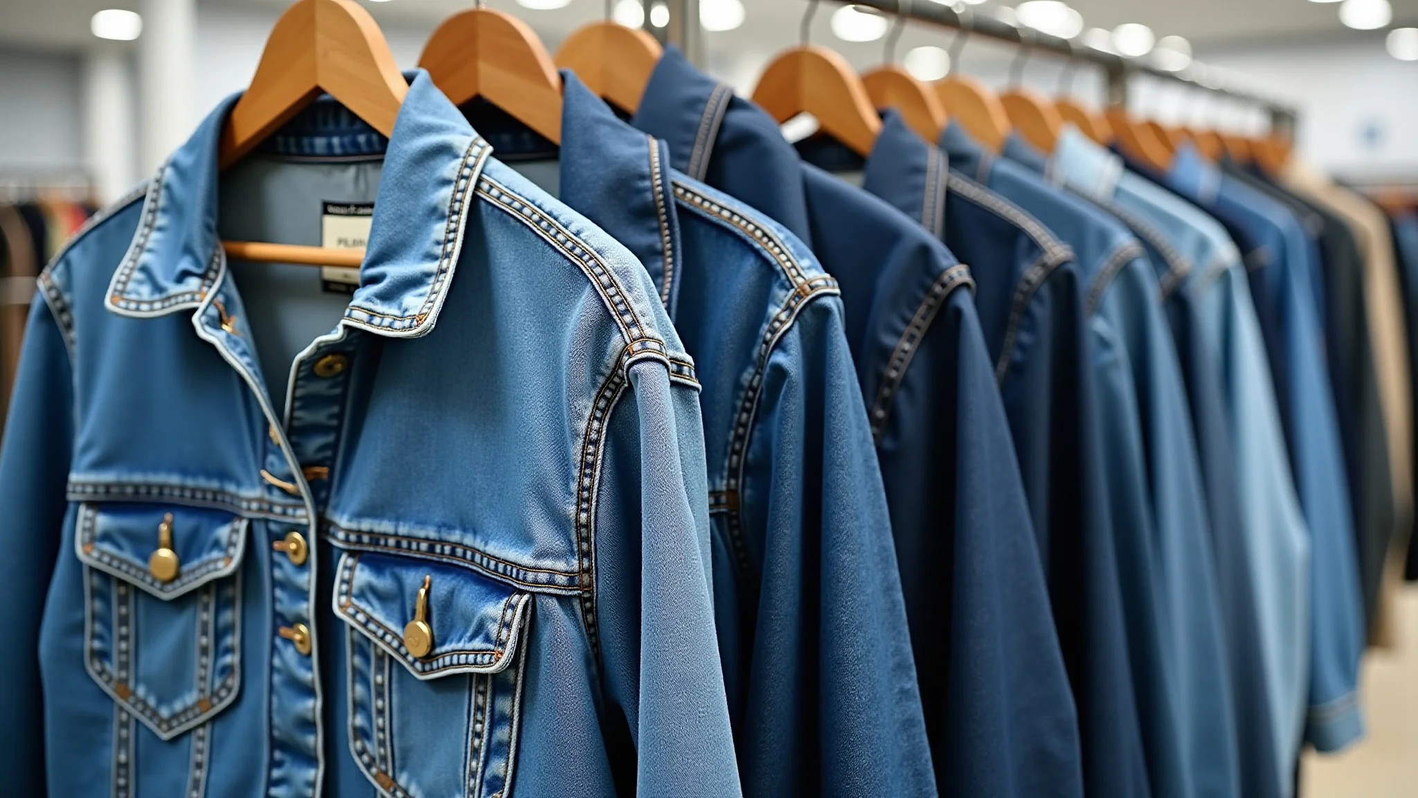 Diversas jaquetas jeans oversized em cabides, diferentes lavagens e texturas.