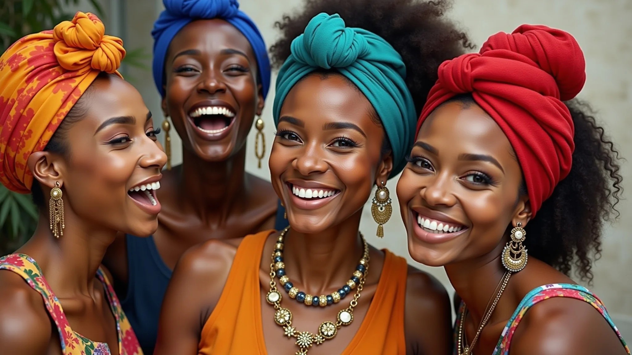 Grupo diverso de mulheres usando turbantes coloridos e joias afro-brasileiras, celebrando.