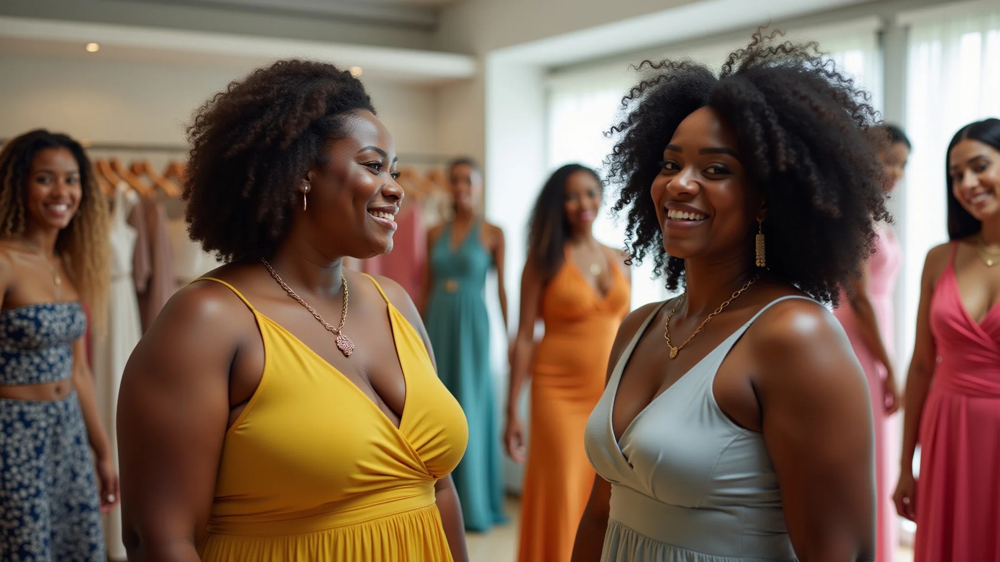 Mulheres plus size experimentando vestidos de festa vibrantes em loja brasileira.