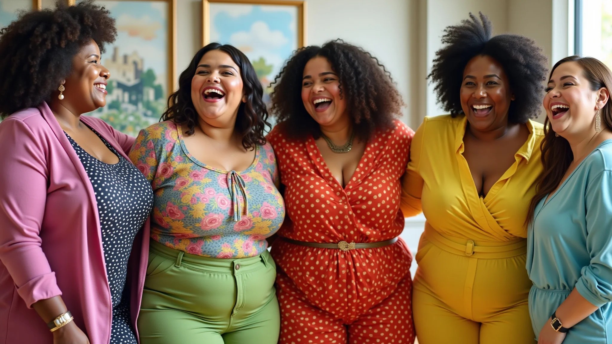 Mulheres plus size diversas rindo e se divertindo com roupas coloridas da Use Louca.
