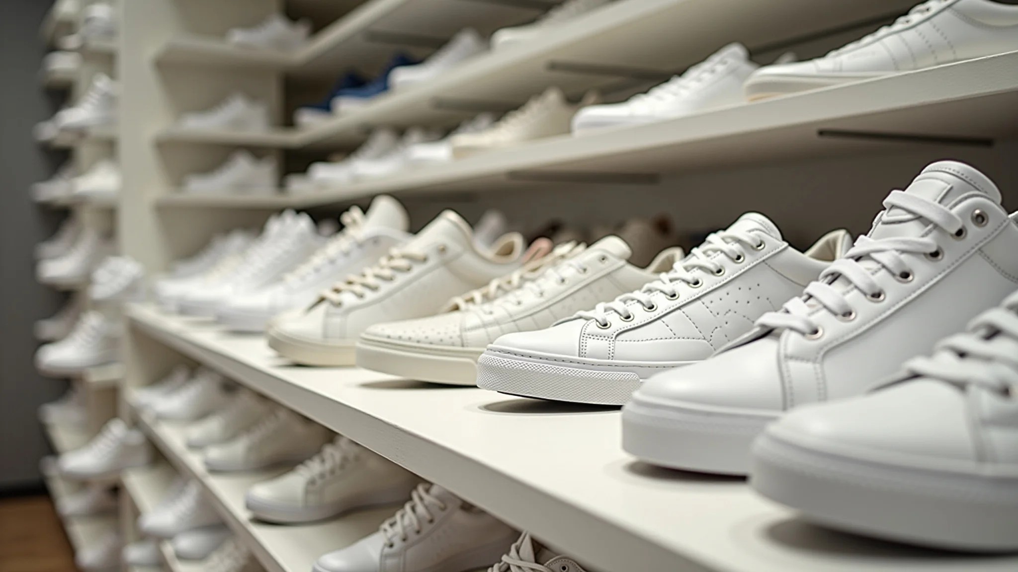 Diversas opções de tênis branco para casamentos: minimalista, detalhes metalizados, plataforma.