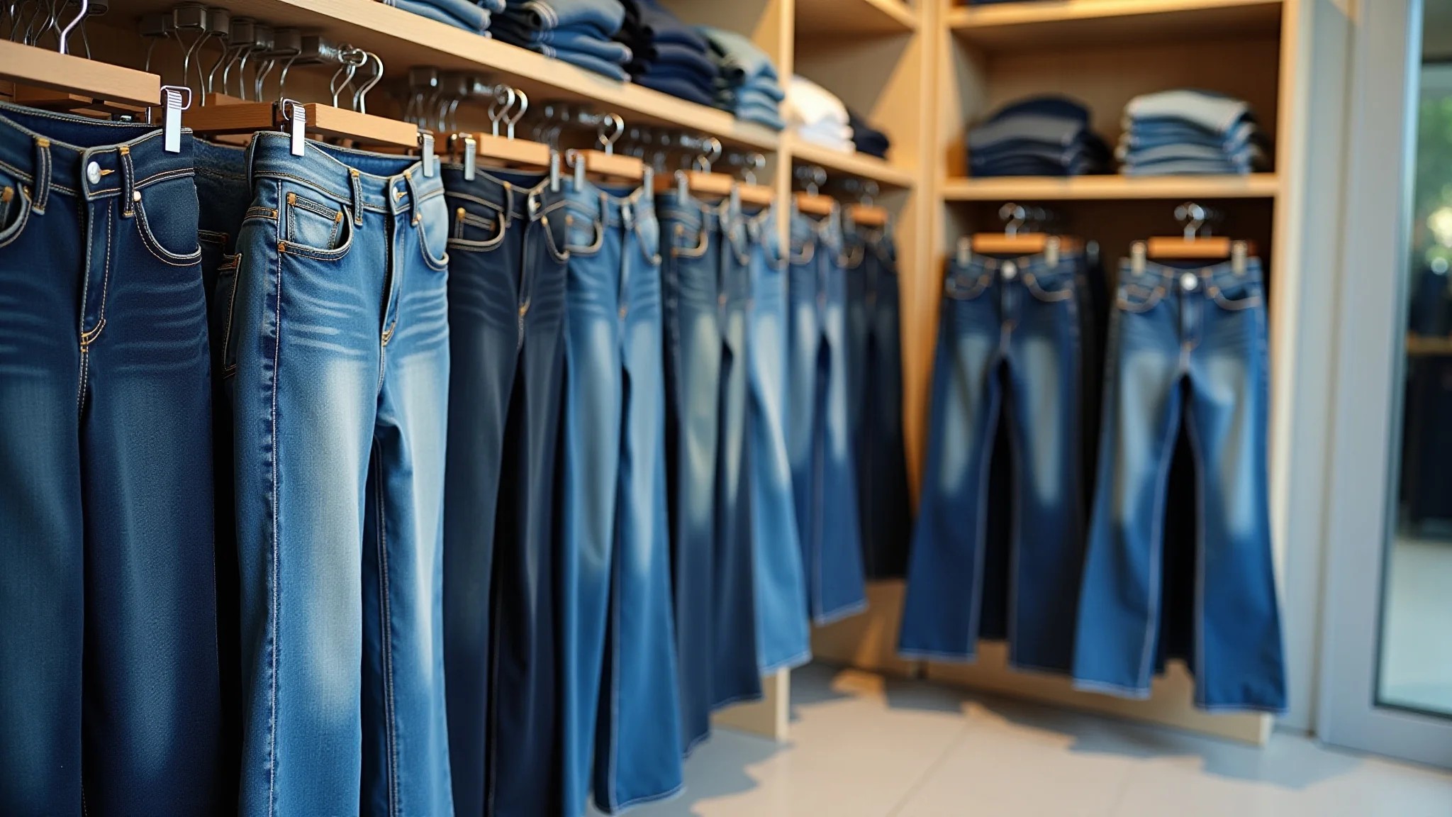 Calças jeans wide leg diversas expostas em boutique brasileira moderna, mostrando lavagens e estilos variados.