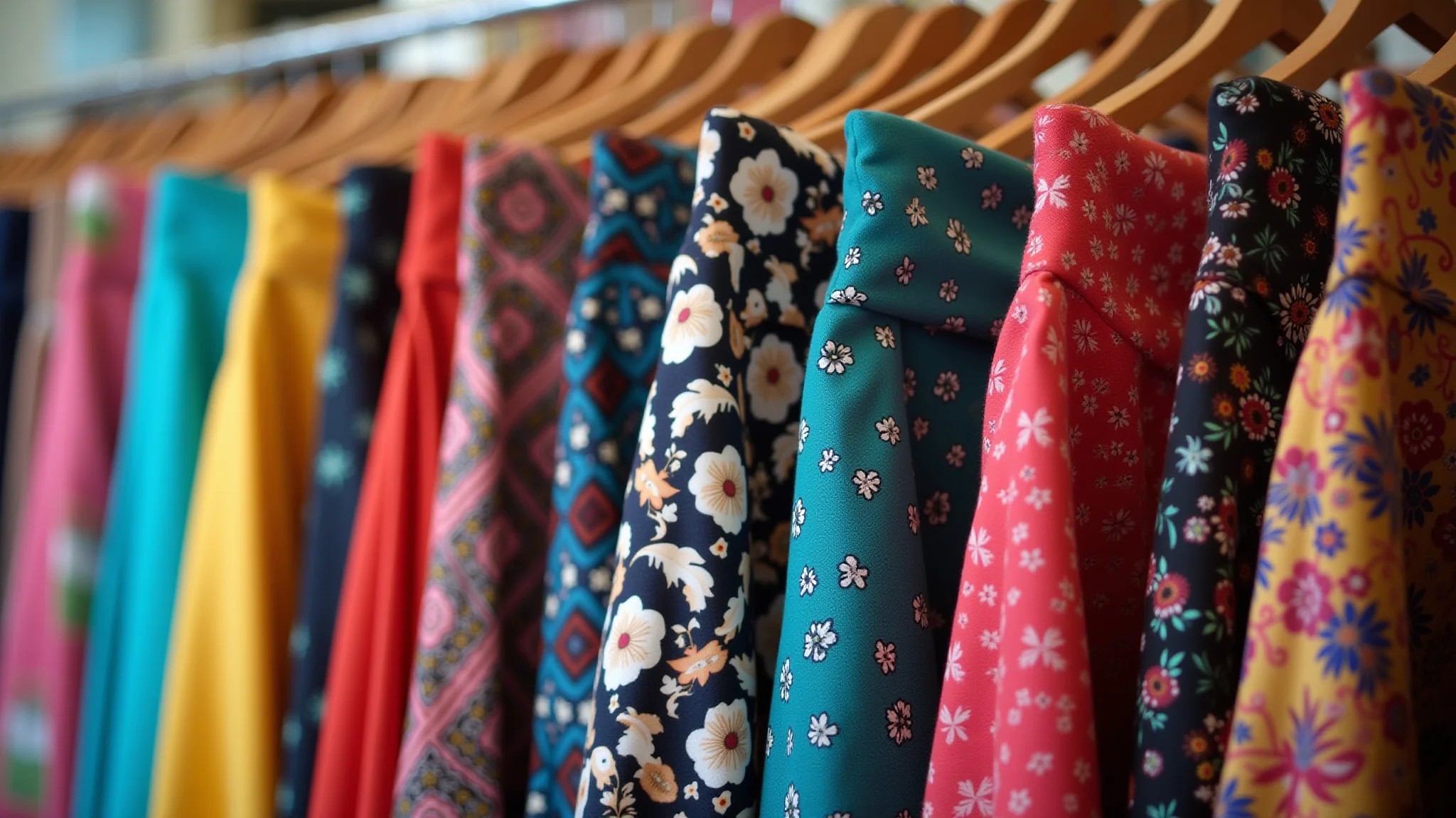 Arara com diversas saias envelope em boutique brasileira colorida, mostrando tecidos e estampas.