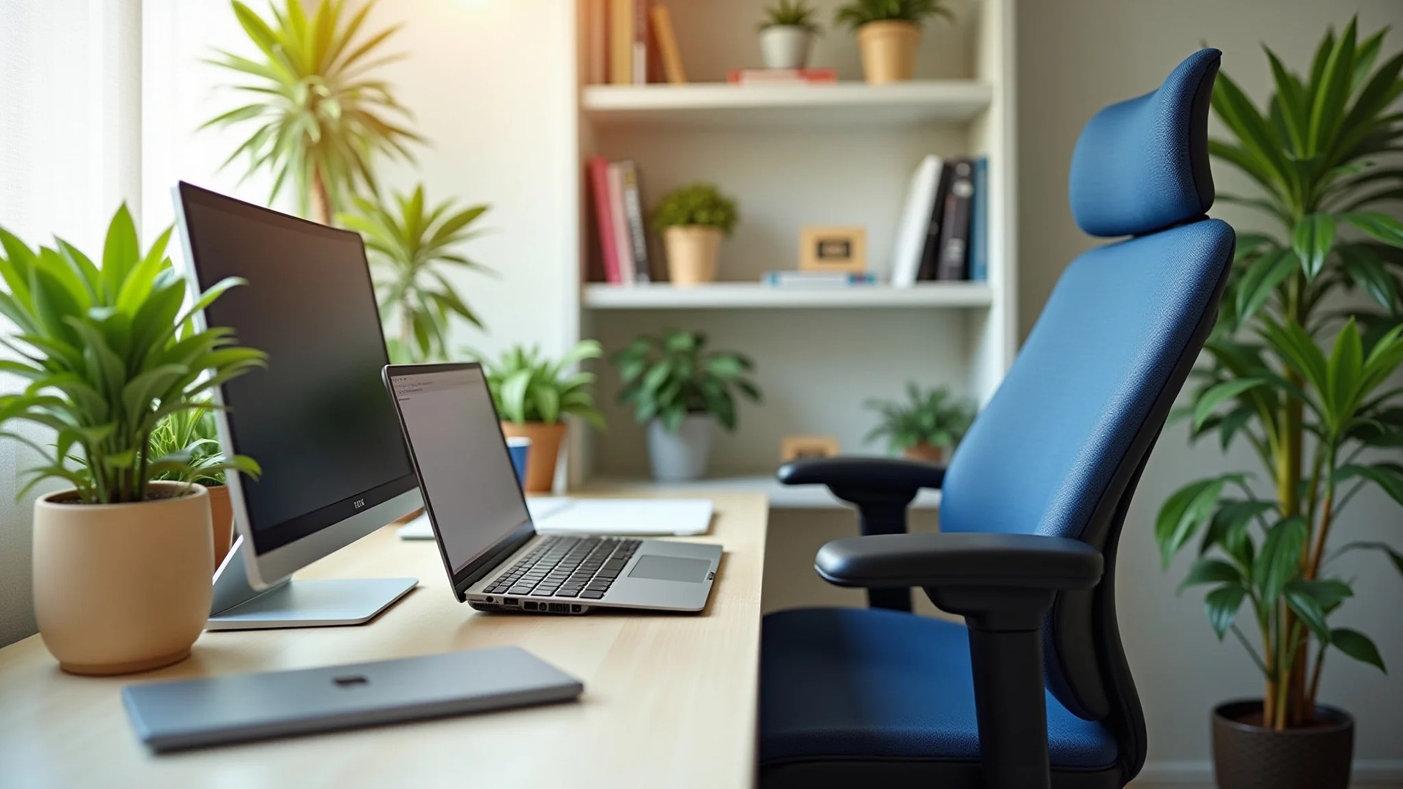 Cadeira ergonômica, mesa organizada, plantas, iluminação, home office confortável.