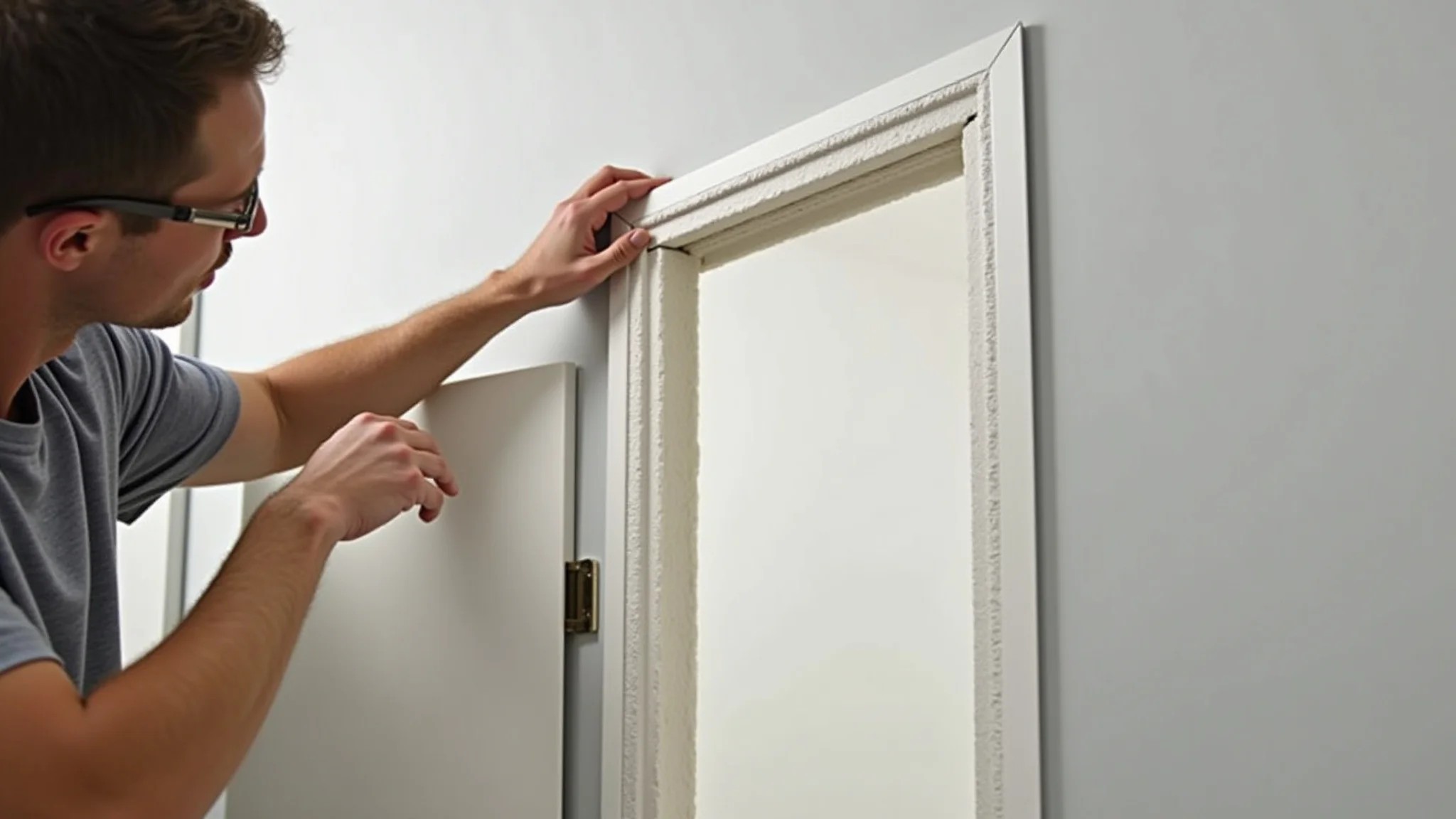 Espuma expansiva sendo usada para fixar batente de porta de forma rápida.