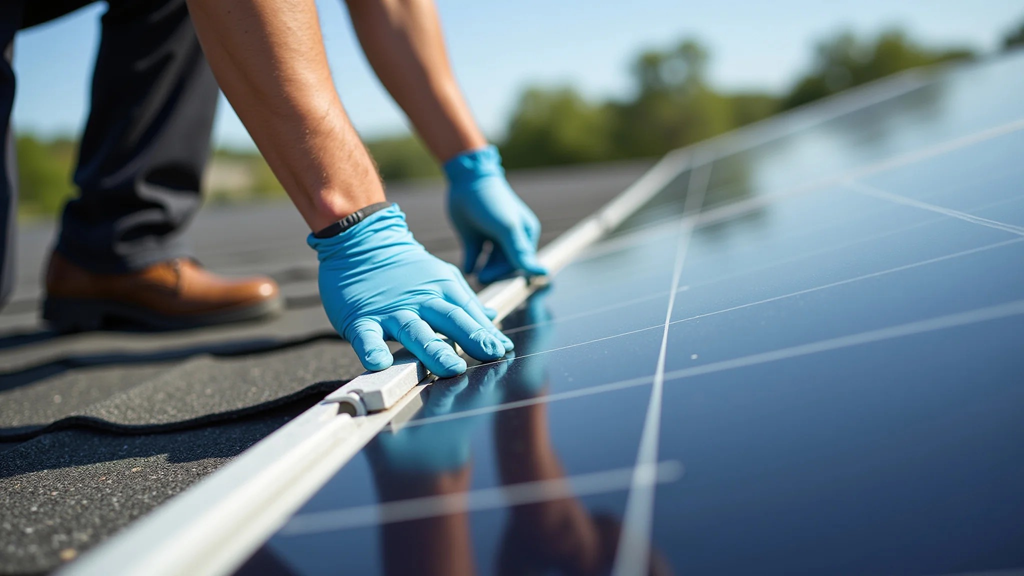 Fixação segura de painéis solares em telhado com espuma expansiva.