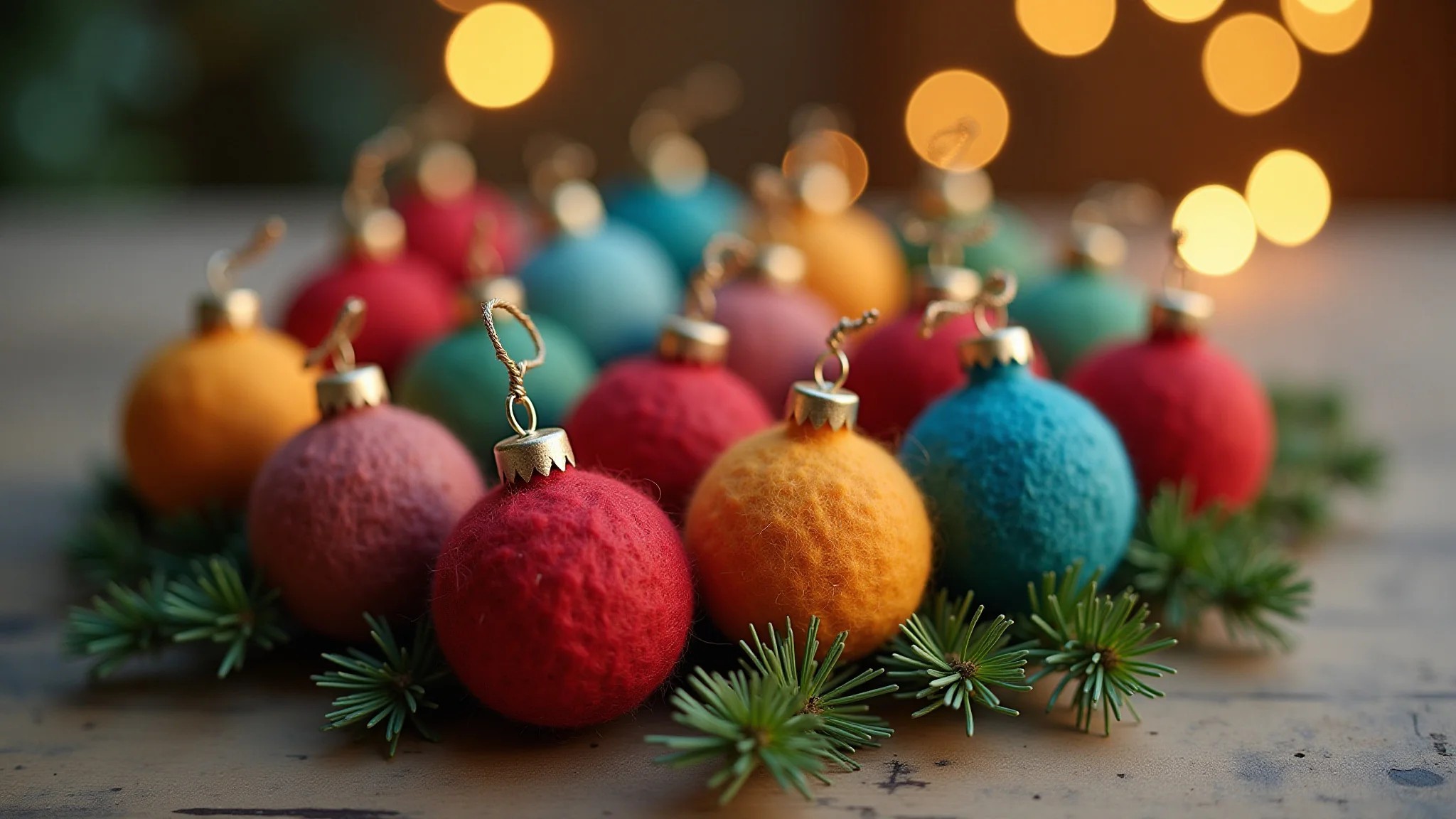 Enfeites de Natal em feltro, coloridos e detalhados, sobre mesa de madeira rústica.