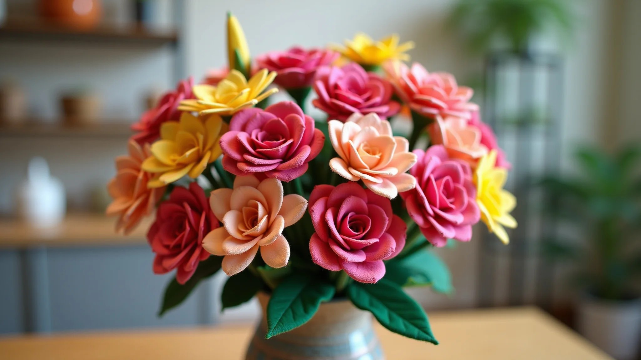 Rosas e margaridas de feltro em vaso decorativo, estilo Farm Rio.