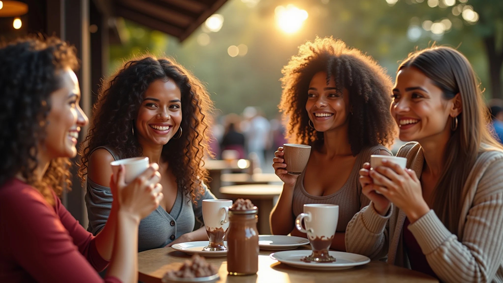 Grupo de amigas saboreando chocolate quente na Chocolate Lugano em Gramado.