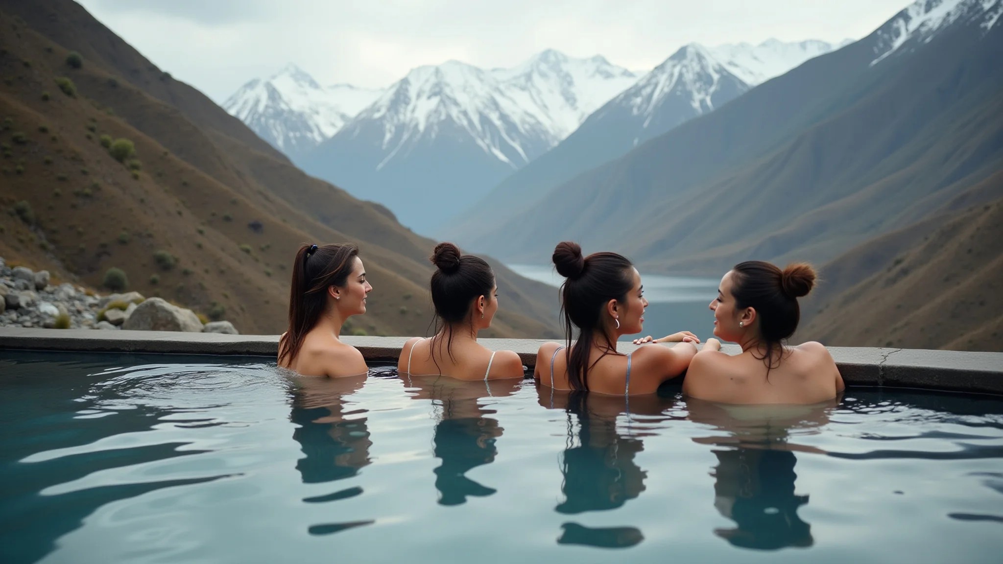 Amigas relaxando em termas chilenas com vista para montanhas nevadas.