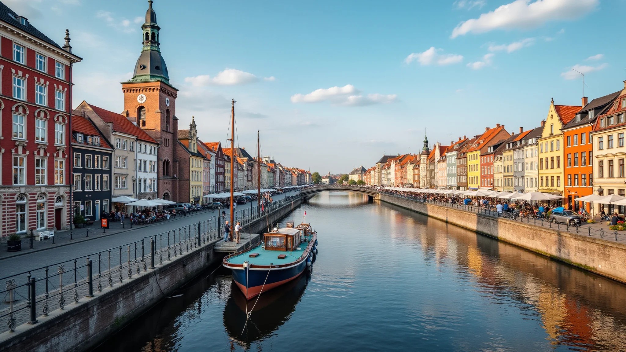 Ruas charmosas de Gdansk, Polônia, com arquitetura histórica e o rio Motława.