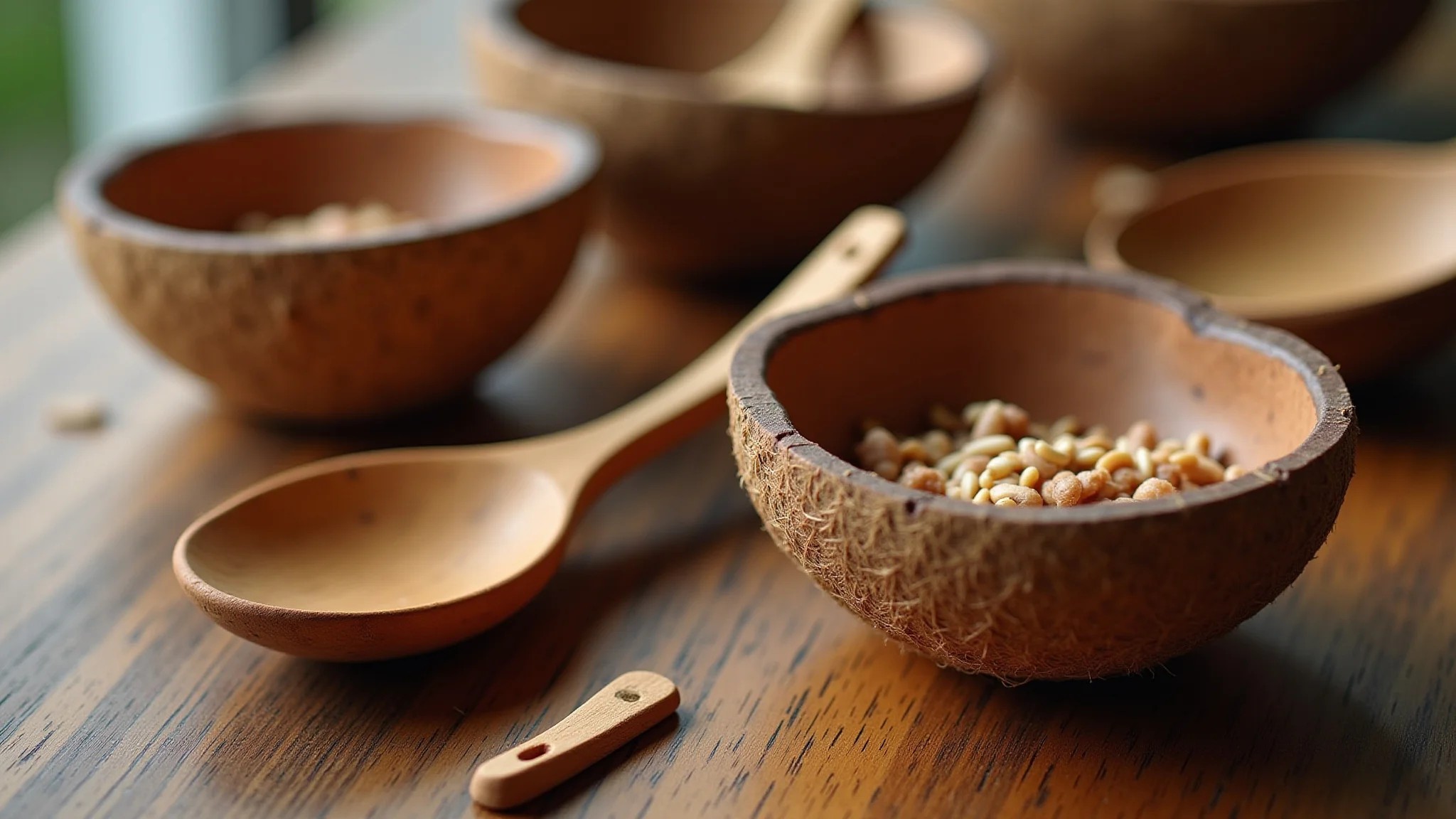 Utensílios de cozinha feitos de coco em mesa de madeira, culinária brasileira.