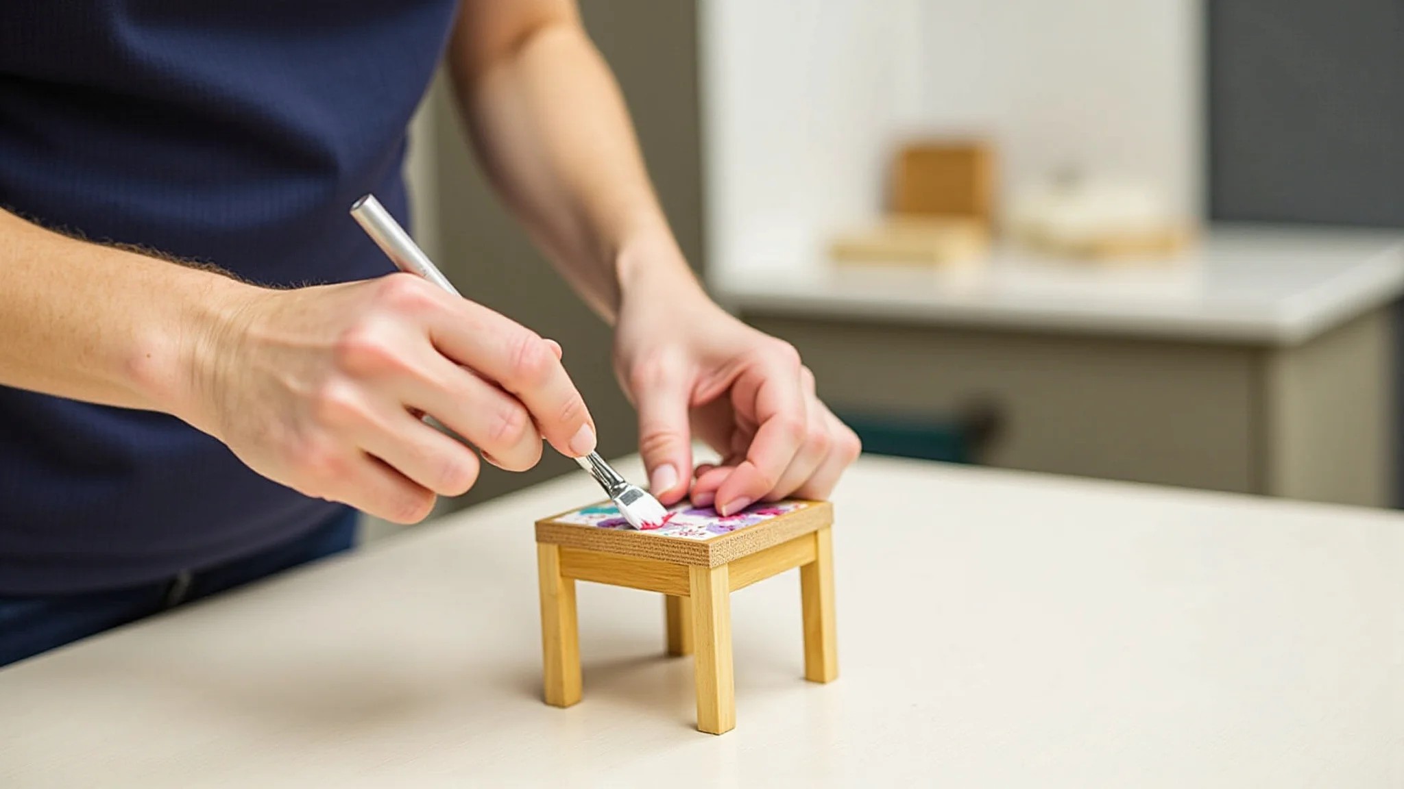 Mãos aplicando decoupage em mesa de madeira com papel floral colorido.