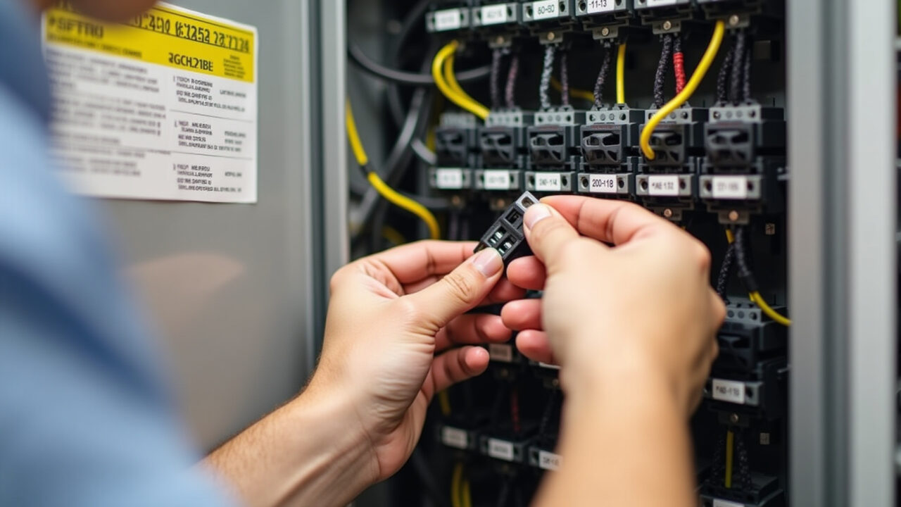 Mãos organizando fios em caixa de distribuição com abraçadeiras.