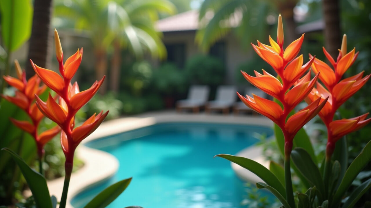 Heliconias vibrantes adornando uma piscina tropical.