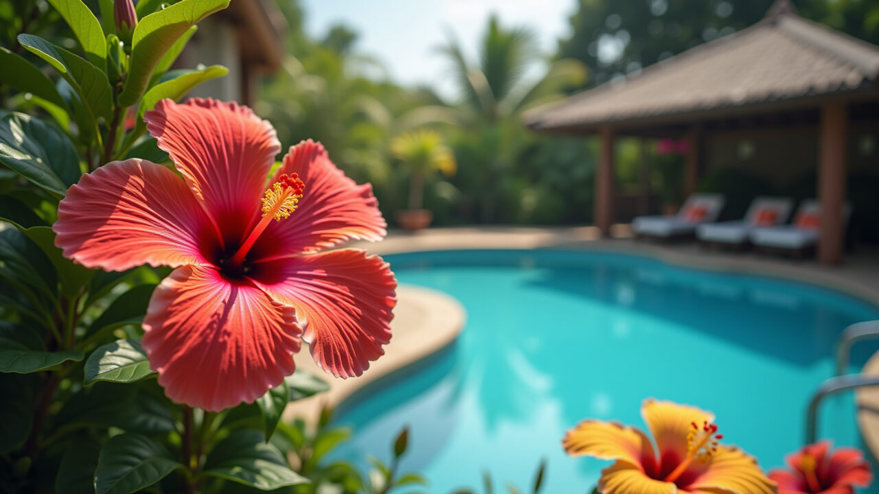 Hibiscos coloridos em um jardim tropical ao redor da piscina.