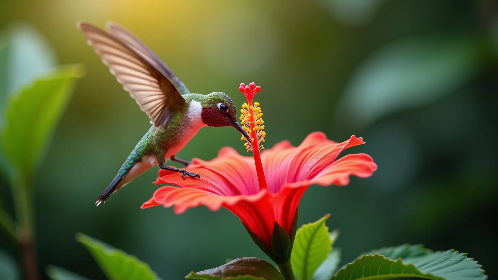 Beija-flor se alimentando em uma flor de hibisco vibrante em um jardim brasileiro.